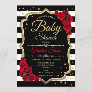 Baby Shower Invitation Black White Stripes Roses
