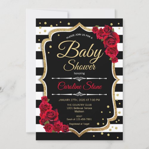 Baby Shower Invitation Black White Stripes Roses