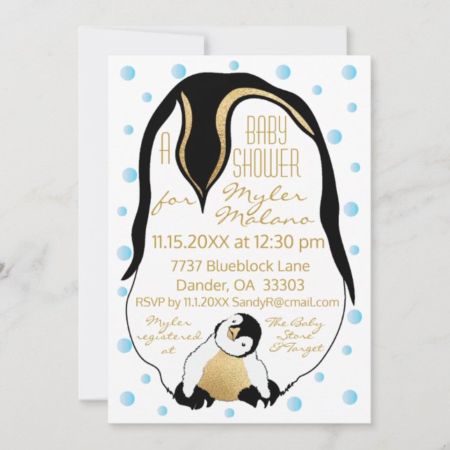Baby Shower Invitation Blue Baby & Mommy Penguins (Front)