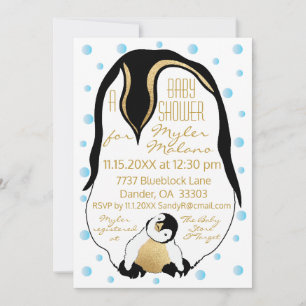 Baby Shower Invitation Blue Baby & Mommy Penguins