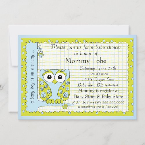 Baby Shower Invitation Blue Green Owl