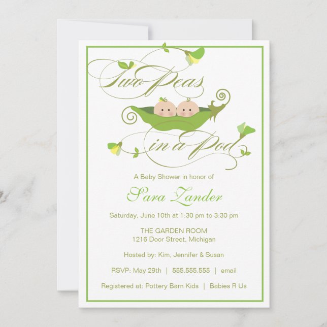 Baby Shower Invitation - Boy and Girl Pea in a Pod (Front)