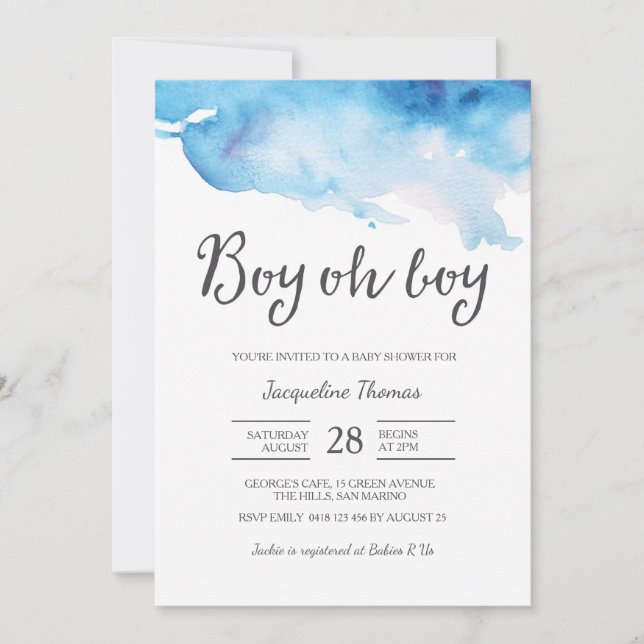 Baby Shower Invitation | Boy oh boy watercolour (Front)
