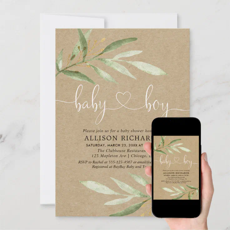 Baby shower invitation boy rustic kraft greenery Zazzle