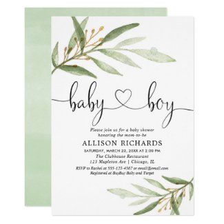 Baby shower invitation boy simple modern greenery