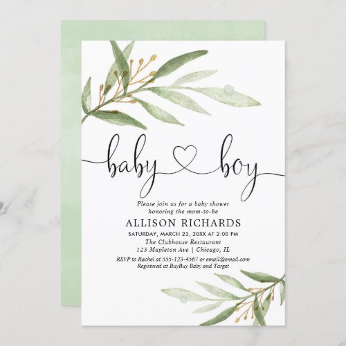 Baby shower invitation boy simple modern greenery