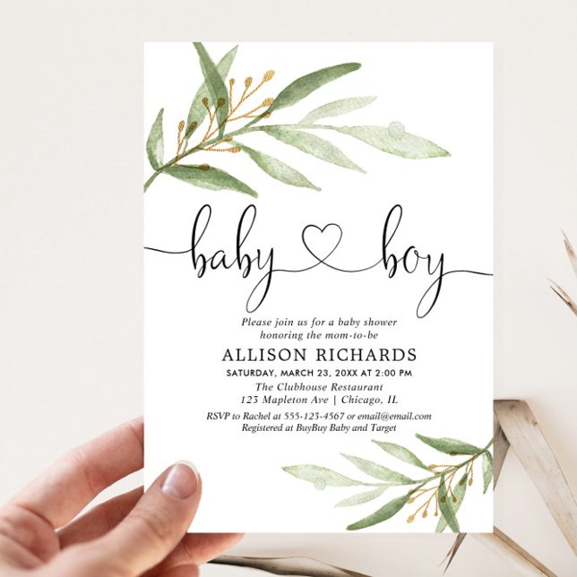 Baby shower invitation boy simple modern greenery (Creator Uploaded)