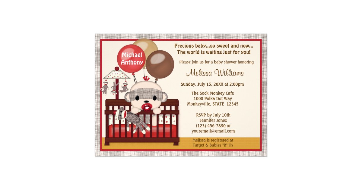 Baby Shower Invitation Boy Sock Monkey Crib Smc B