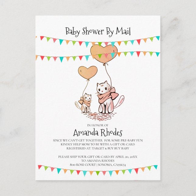 Baby Shower Invitation By Mail Mom Baby Cats White (Front)