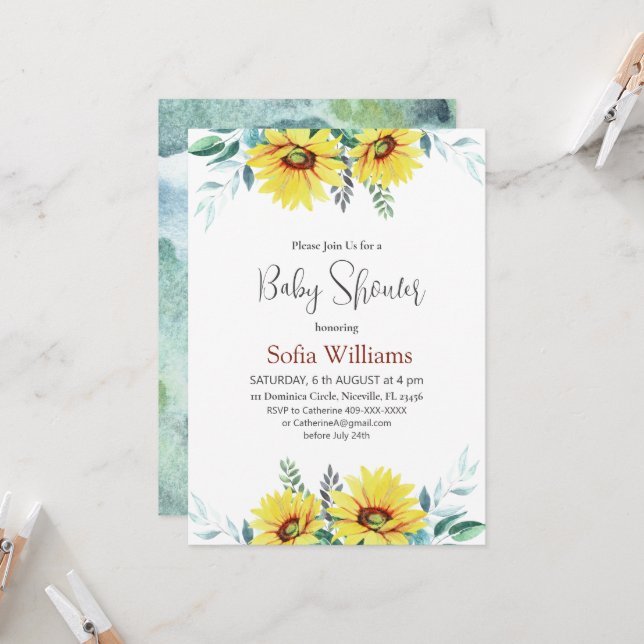 Baby shower invitation card with sunflowers. (Front/Back In Situ)