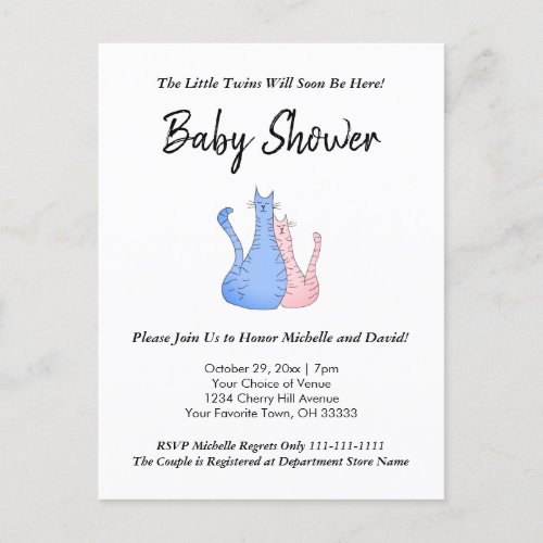 Baby Shower Invitation Cat Boy Girl Twins Cute  Postcard