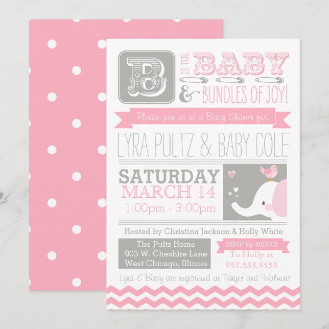 Baby Shower Invitation - Circus Elephant & Chevron (Front/Back)