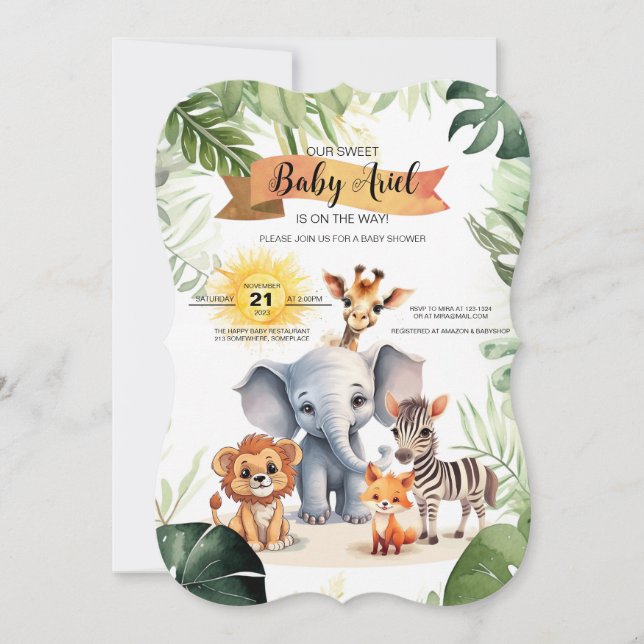 Baby shower invitation cute jungle safari animals (Front)