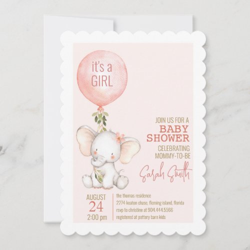 BABY SHOWER invitation _ elephant _ girl _ peach