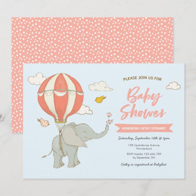 Baby Shower Invitation Elephant Hot Air Balloon (Front/Back)
