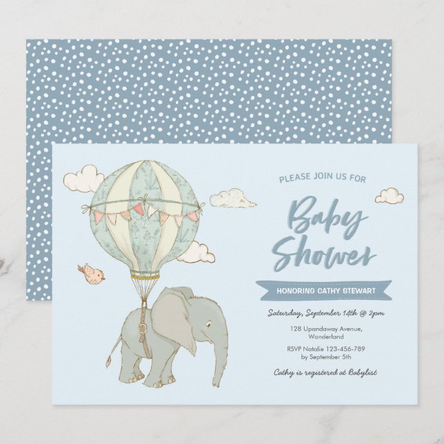 Baby Shower Invitation Elephant Hot Air Balloon (Front/Back)