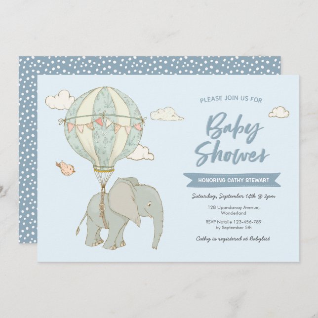 Baby Shower Invitation Elephant Hot Air Balloon (Front/Back)