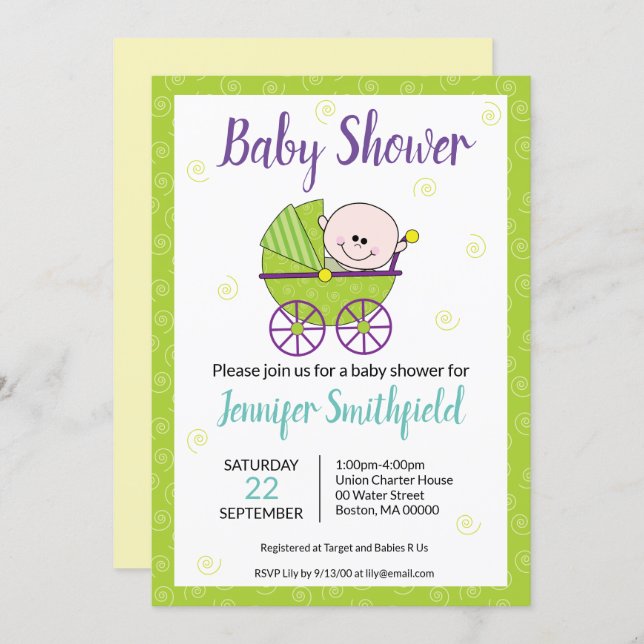 Baby Shower Invitation Featuring Baby Carriage (Front/Back)
