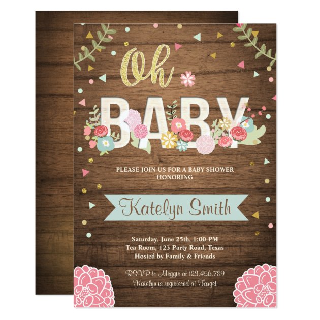 Baby Shower Invitation Floral Rustic Wood Garden