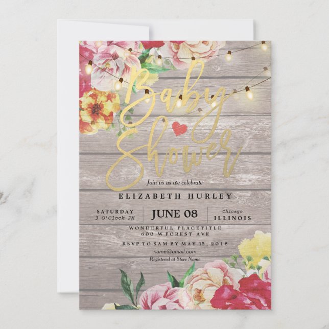 Baby Shower Invitation Floral Wood & String Lights (Front)