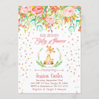 Baby shower invitation flowers and giraffe