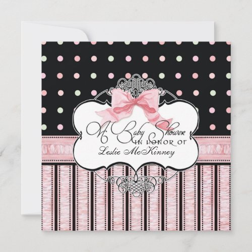Baby Shower Invitation - French Bow Dot Swirl vs3