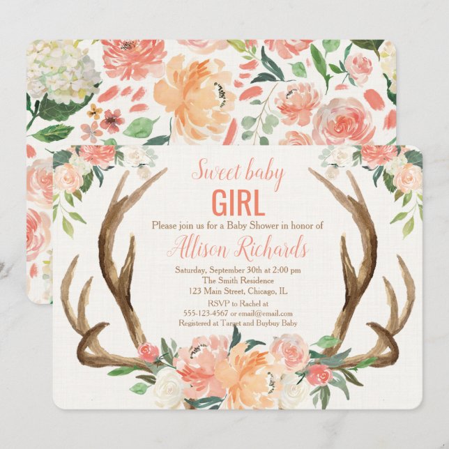 Baby shower invitation girl Antler boho rustic (Front/Back)