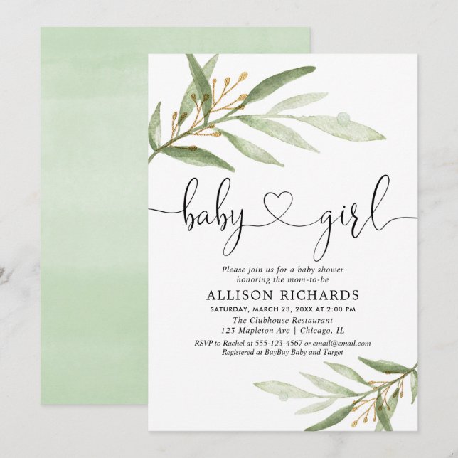 Baby shower invitation girl simple modern greenery (Front/Back)