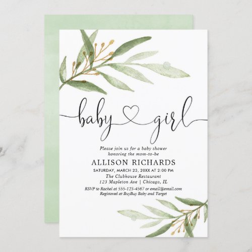 Baby shower invitation girl simple modern greenery