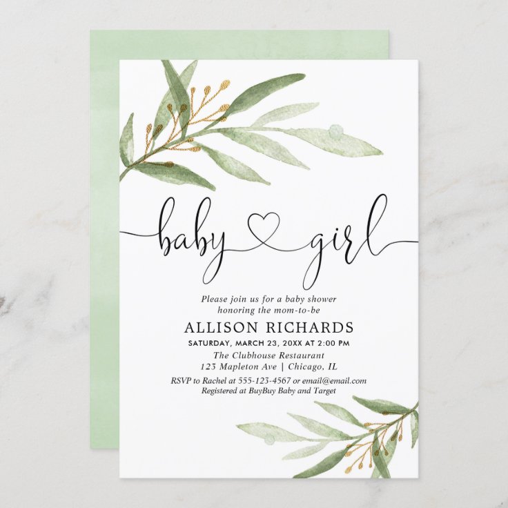 Baby shower invitation girl simple modern greenery | Zazzle