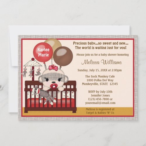 Baby Shower invitation GIRL Sock MONKEY Crib SMC_G