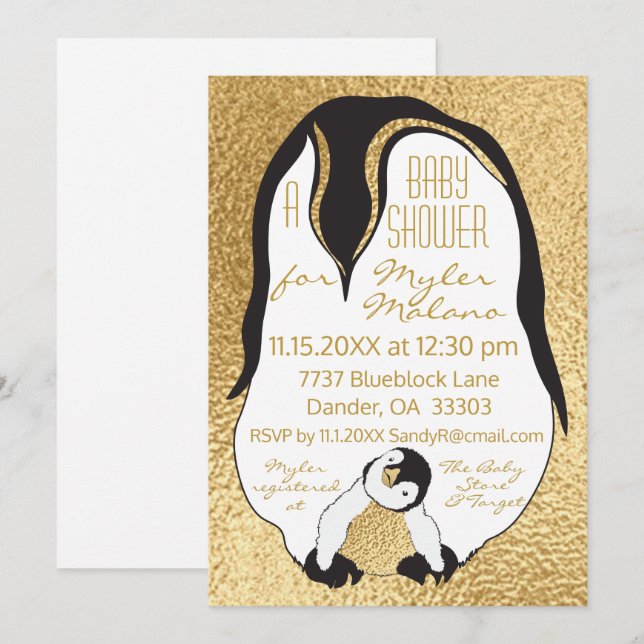 Baby Shower Invitation Gold Baby & Mommy Penguin (Front/Back)
