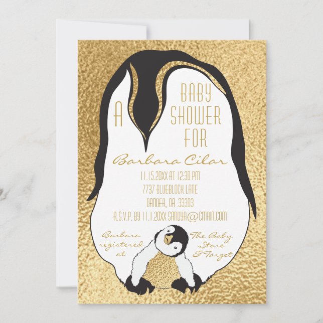 Baby Shower Invitation Gold Baby & Mommy Penguin (Front)