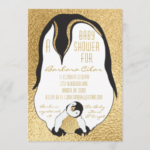 Baby Shower Invitation Gold Baby & Mommy Penguin