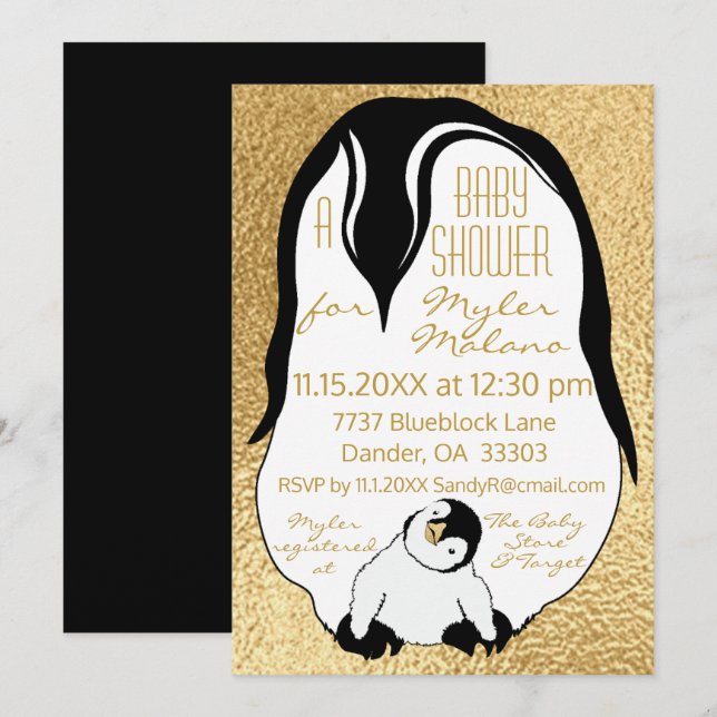 Baby Shower Invitation Gold Baby & Mommy Penguins (Front/Back)