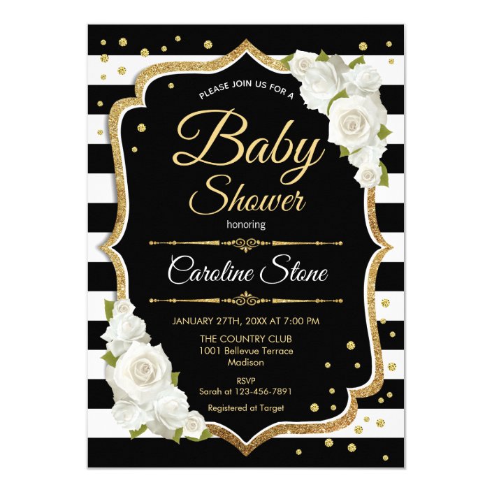 black white and gold baby shower invitations