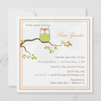 Baby Shower Invitation - Green And Orange Baby Owl by OrangeOstrichDesigns at Zazzle