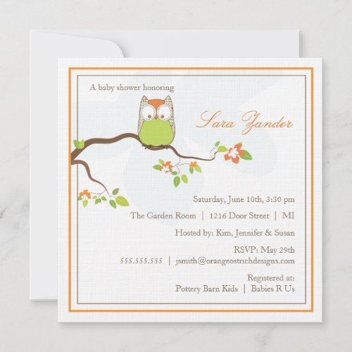 Baby Shower Invitation - Green and Orange Baby Owl