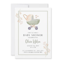 baby shower invitation green flowers pram