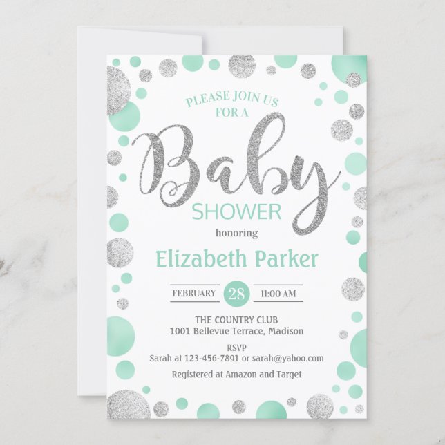 Baby Shower Invitation - Green Mint Silver Dots (Front)