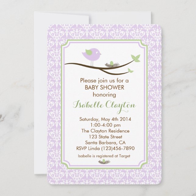 Baby Shower Invitation in Lavender and Green (Front)