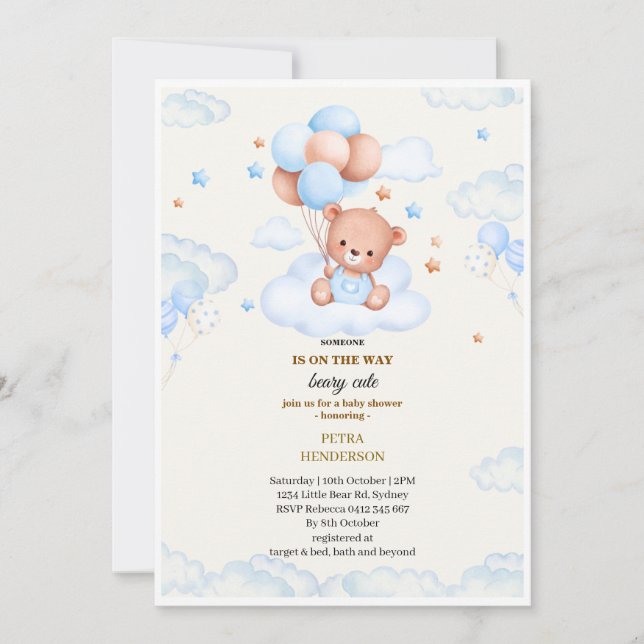Baby shower invitation in the shape of a blue  (Front)