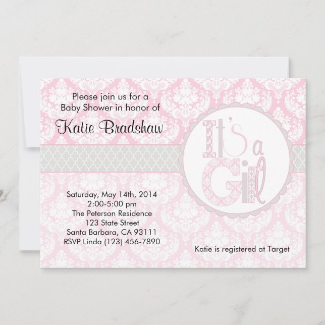 Baby Shower Invitation "It's a Girl!"  Pink Damask (Front)