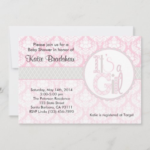 Baby Shower Invitation Its a Girl  Pink Damask