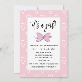 Baby Shower Invitation Its A Girl Pink Hearts Bow by autumnandpine at Zazzle