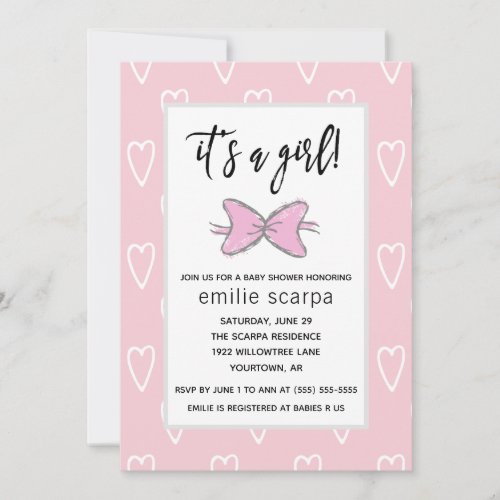 Baby Shower Invitation Its a Girl Pink Hearts Bow