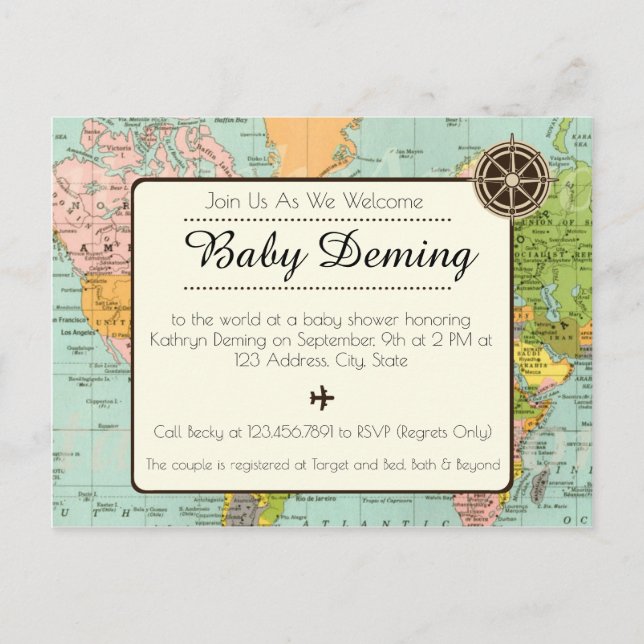 Baby Shower Invitation - Multicolored World Map (Front)