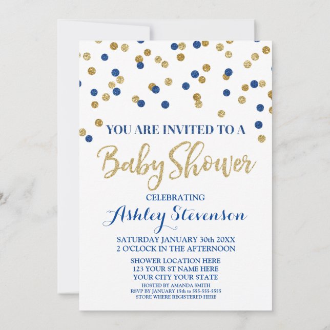 Baby Shower Invitation Navy Blue Gold Confetti (Back)