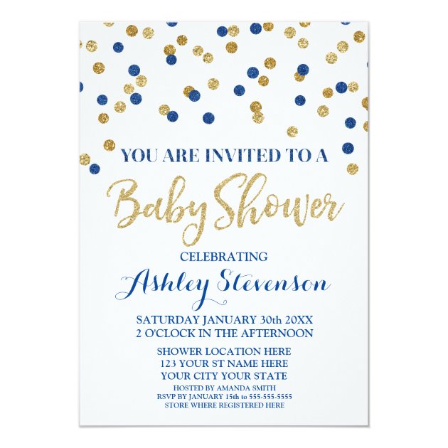 Baby Shower Invitation Navy Blue Gold Confetti