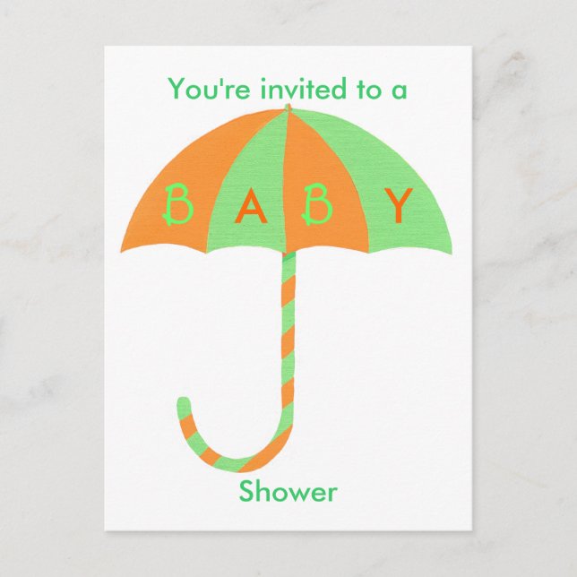 Baby Shower invitation, orange green umbrella Invitation Postcard (Front)